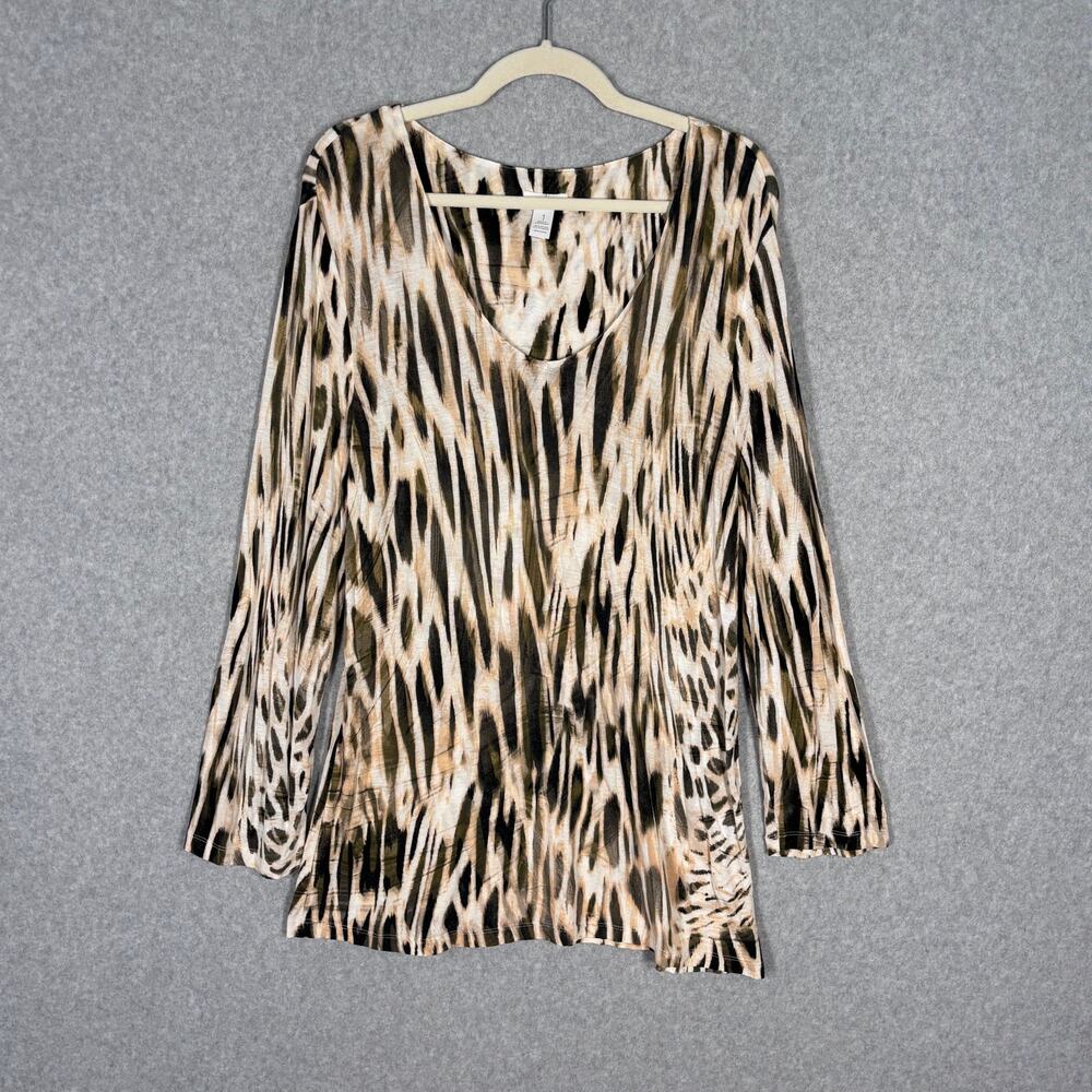 Chicos Tunic Top Medium 1 Animal Leopard Jersey Stretch Artsy Lagenlook Long